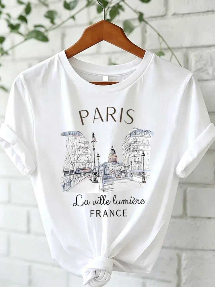 T-shirt imprimé Paris pour femme, taille asiatique 90s, T-shirt décontracté à manches courtes et col