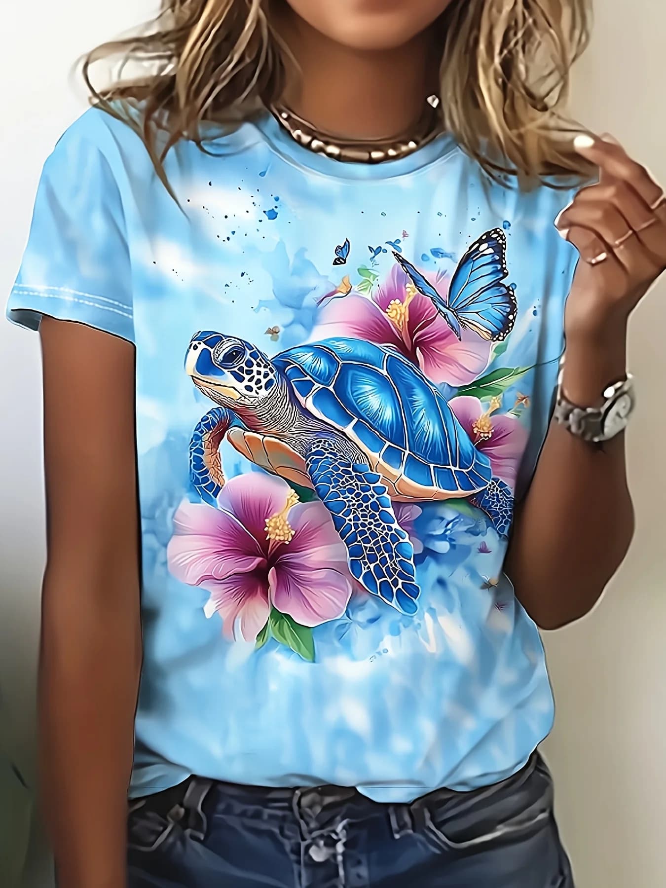 T-shirt bleu clair pour femme - Imprimé tortue bleue et hibiscus, motif tropical de plage pour un us