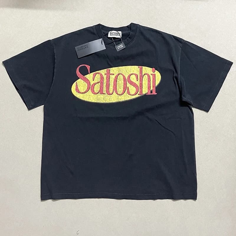 T-shirt Satoshi Nakamoto vintage en coton vieilli, col rond, manches courtes, imprimé lettres, coupe