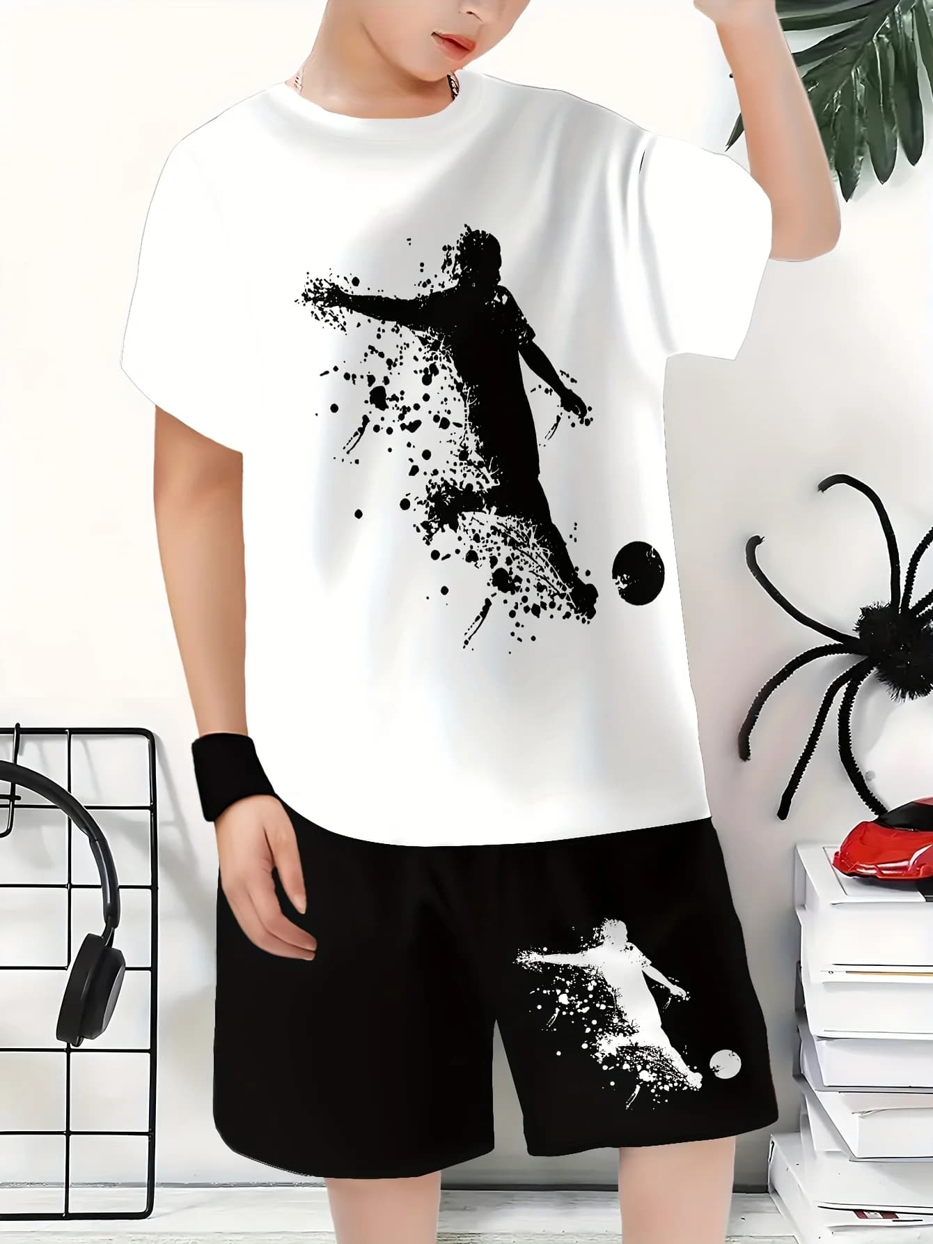T-shirt d'été décontracté pour garçons, design silhouette sportive de football, tissu confortable et