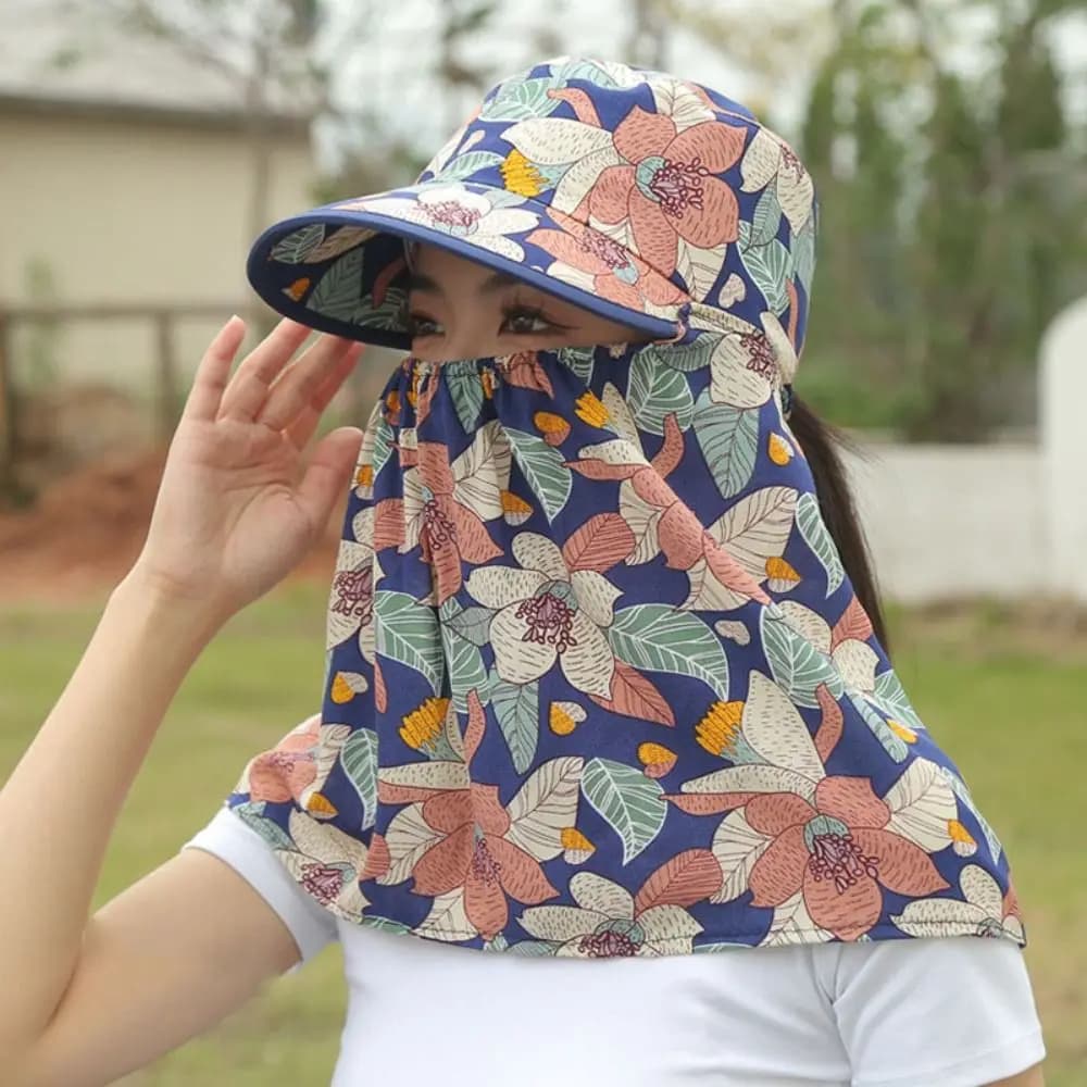 Chapeau de soleil floral pour femme avec masque de protection solaire intégré, idéal pour le travail
