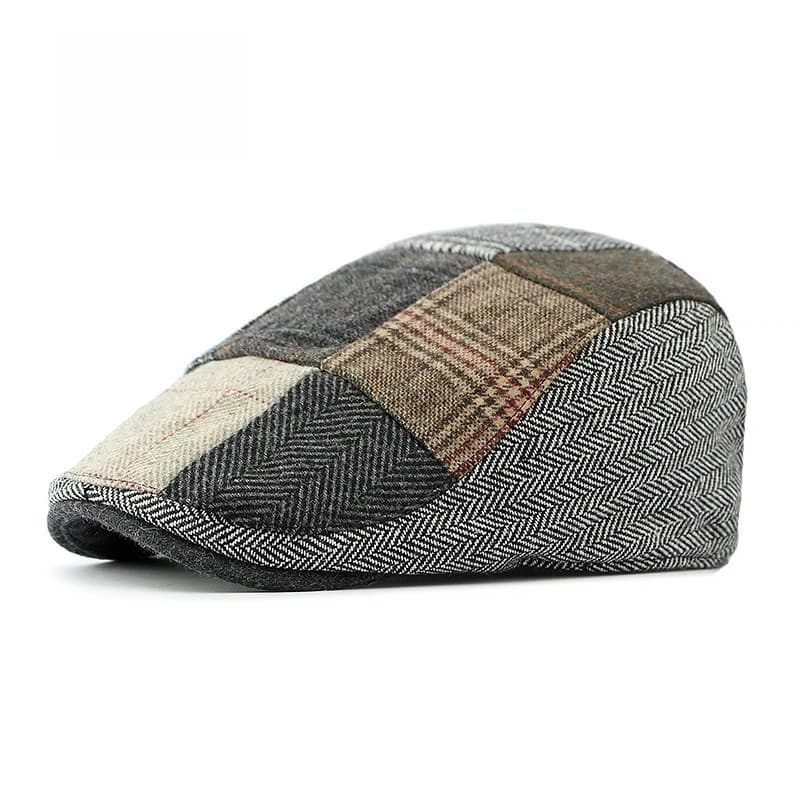 1 pièce Casquette plate pour homme en tweed patchwork, style vintage à carreaux et chevrons, casquet
