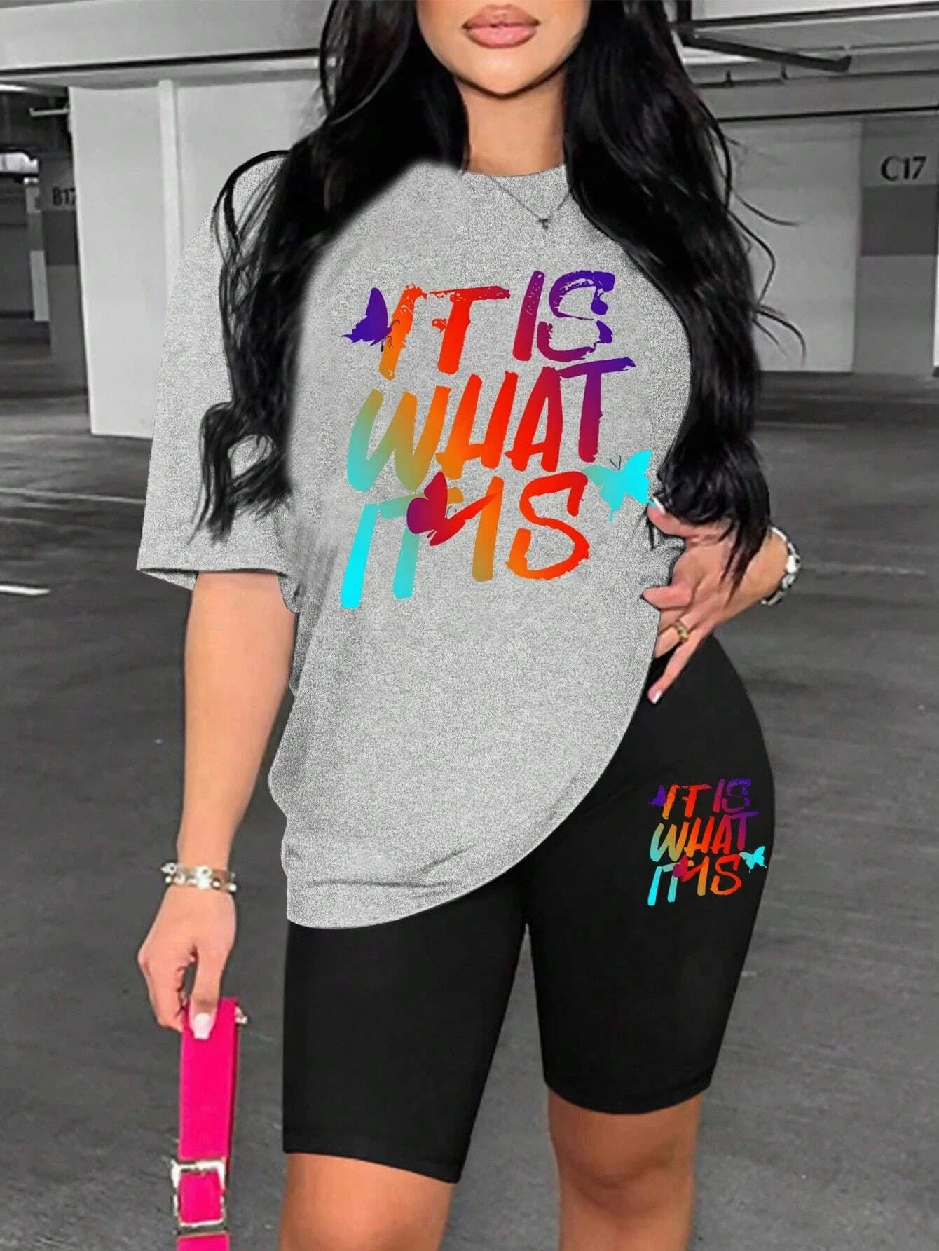 T-shirt imprimé de lettres colorées pour femmes, ensemble deux pièces, mode roman, ensembles courts,