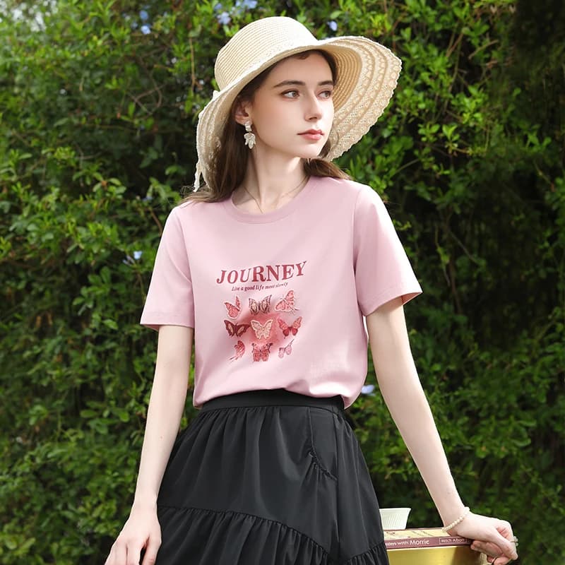 I BELIEVE YOU T-shirt rose à perles papillon, en coton frais d'été, col rond, manches courtes, décon