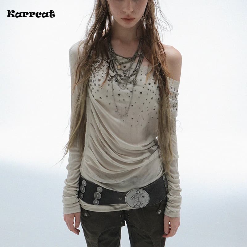 Karrcat Grunge Esthétique Hors Épaule Hauts Trashy Y2k Diamants Imprimé T-shirt Vintage années 2000