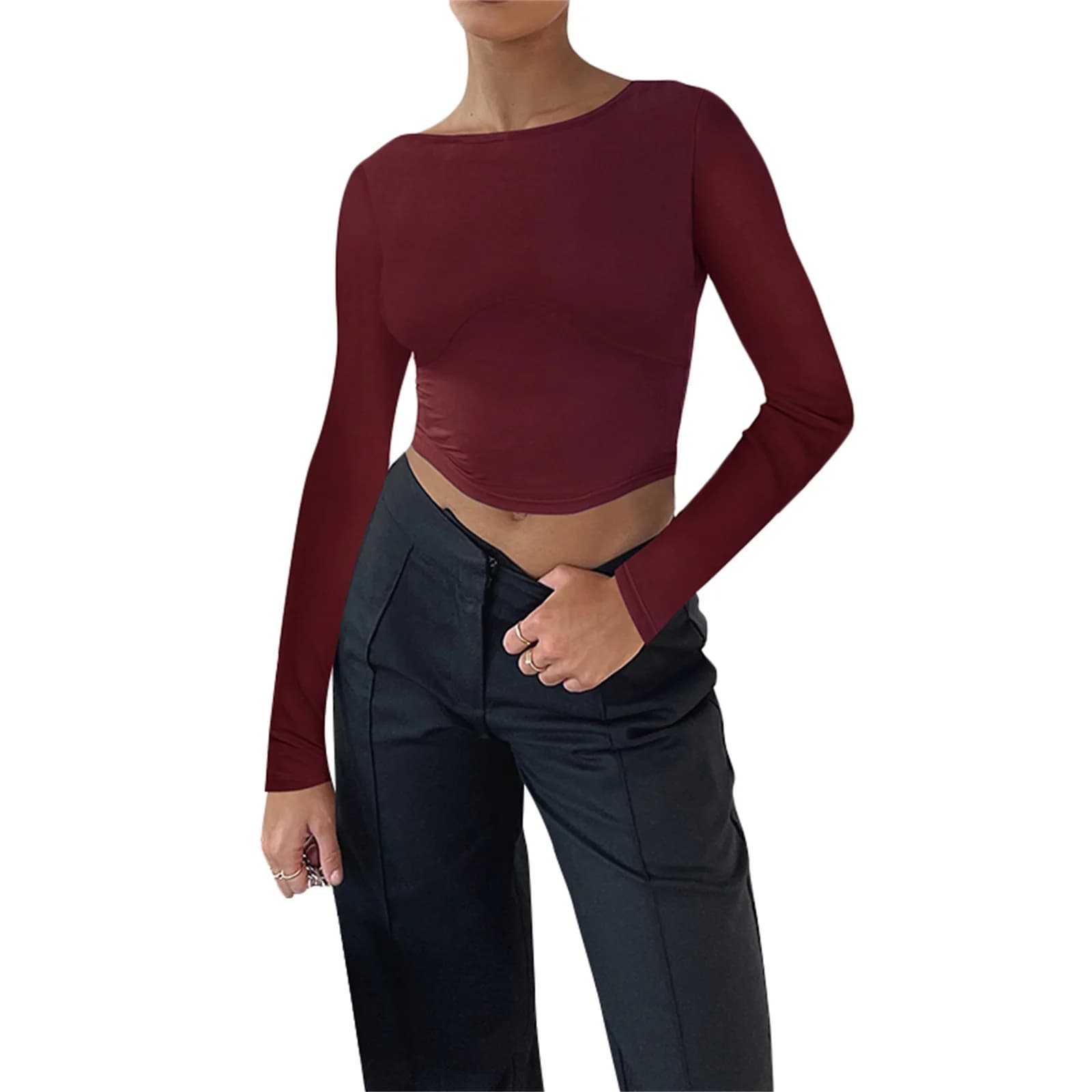 Hauts courts à manches longues pour femmes, t-shirt uni à col rond et dos nu, révélant le nombril, p