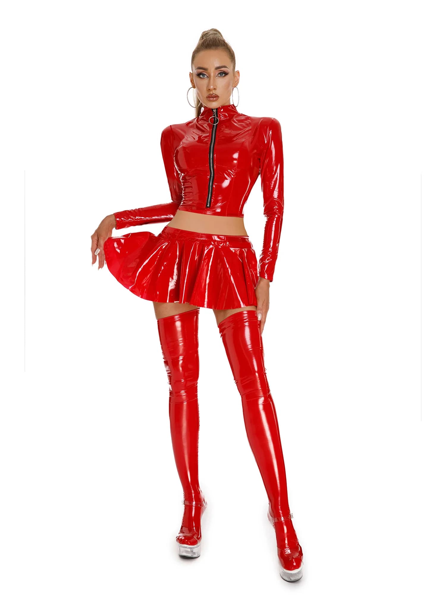 Tenues de club pour femmes en cuir PU brillant, ensemble 2 pièces, veste courte à manches longues av