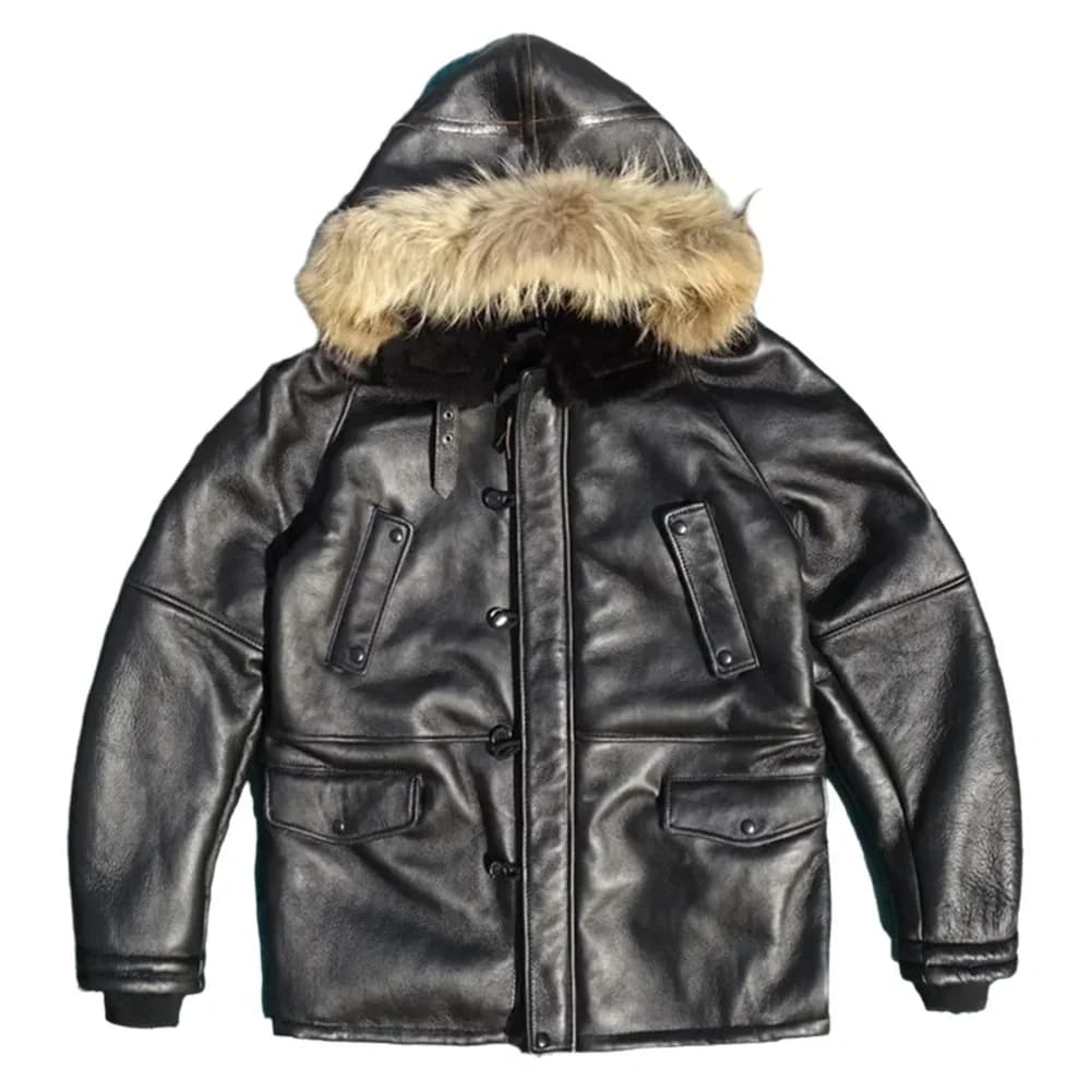 Veste longue en peau de mouton véritable noire à capuche pour homme, style décontracté, taille plus