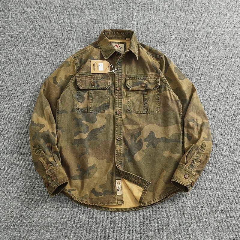 Chemise camouflage décontractée en coton pour hommes, chemise à manches longues, manteau rétro, vête
