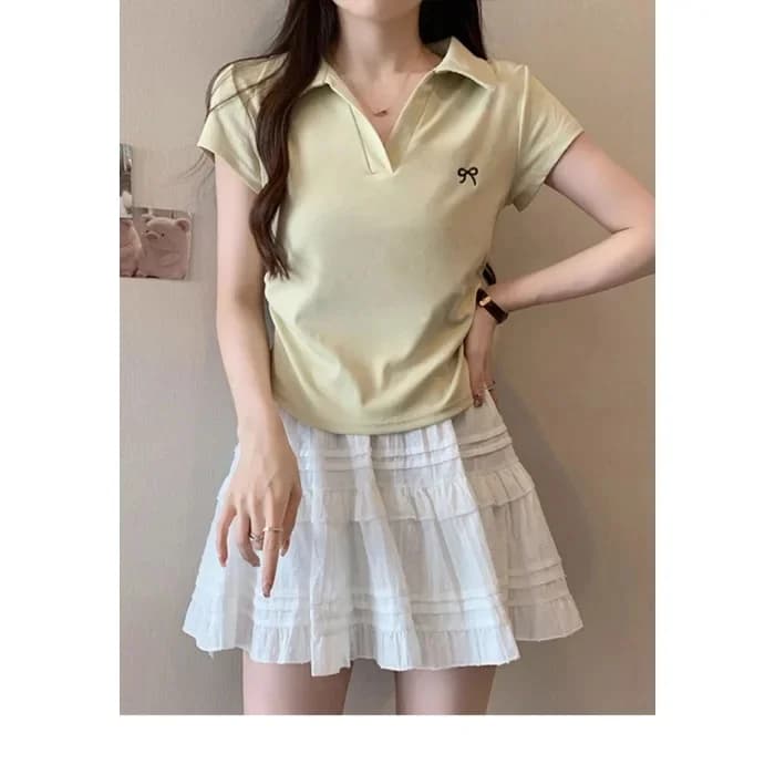 T-shirt à col polo à manches courtes pour femme, coupe ajustée, taille cintrée, style doux et épicé,