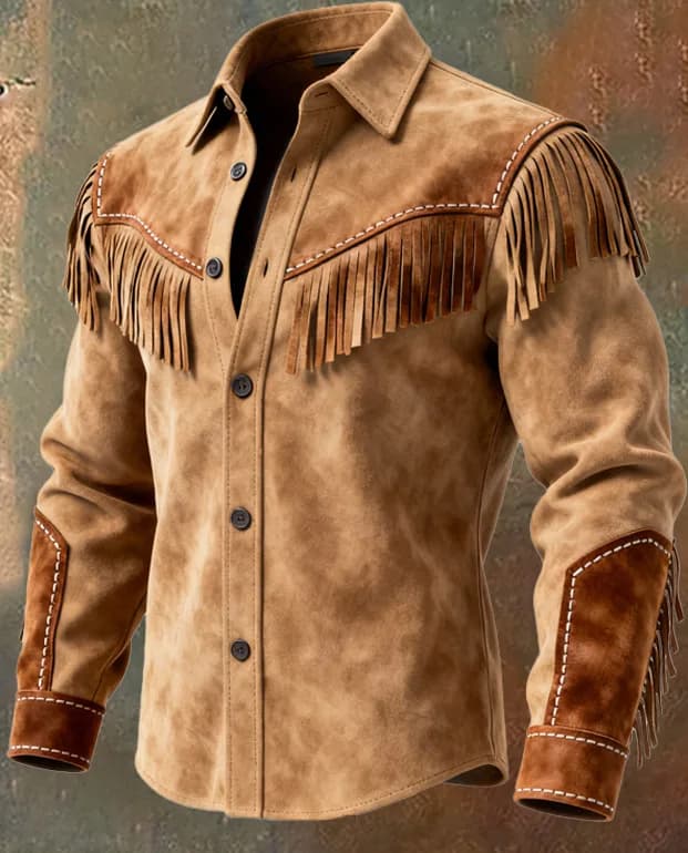 T-shirts Cowboy pour Hommes – Veste en Daim Vintage à Franges, Manches Longues, Boutons – Tenue Déco