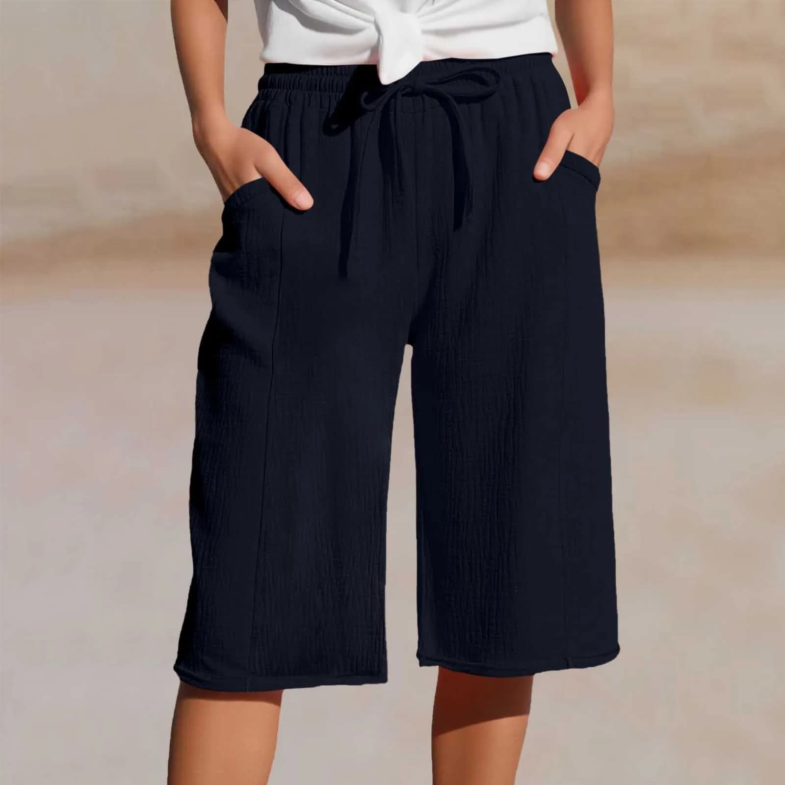 Pantalon en lin pour femme, pantalon 3/4 en mousseline, pantalon en lin léger avec poches, pantalon 