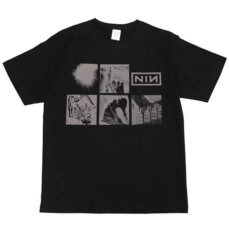 T-shirt à manches courtes rétro hip-hop américain imprimé offset Nine Inch Nails Rock Band