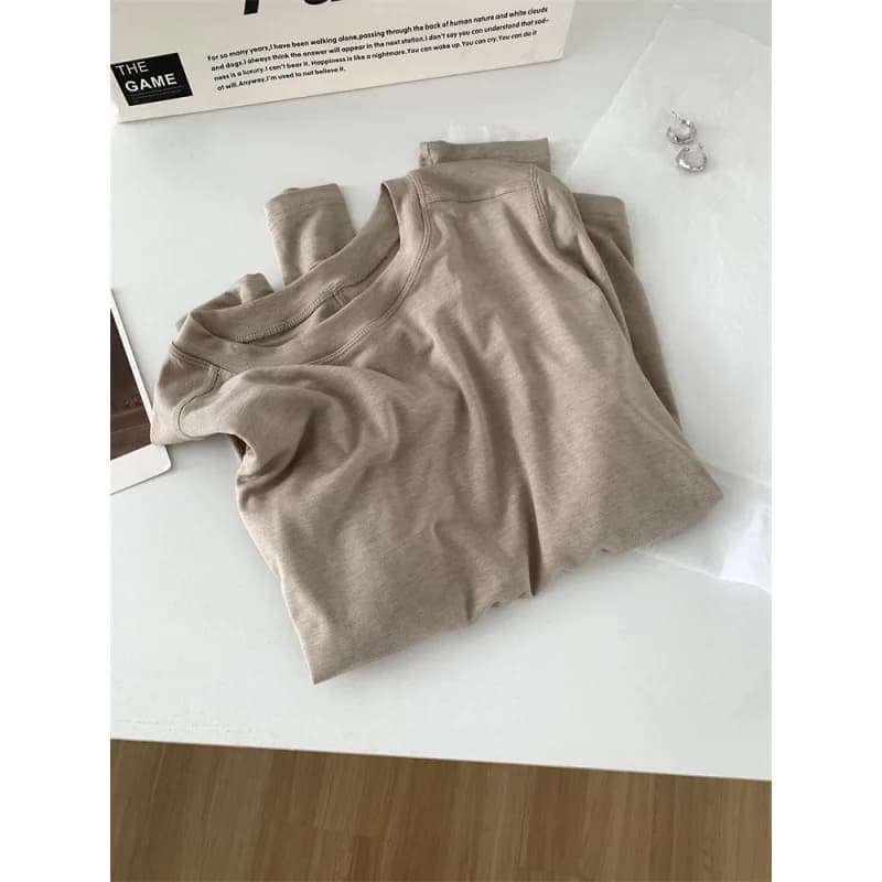 Soie laine épissure à manches longues T-shirt mode col rond décontracté hauts femmes printemps été m
