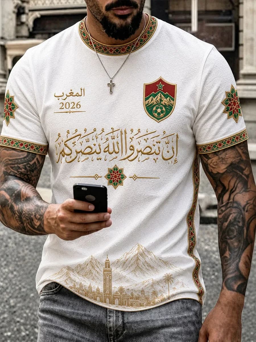 T-shirt de football blanc du Maroc à col et poignets verts et rouges, imprimé floral et motif d'héra