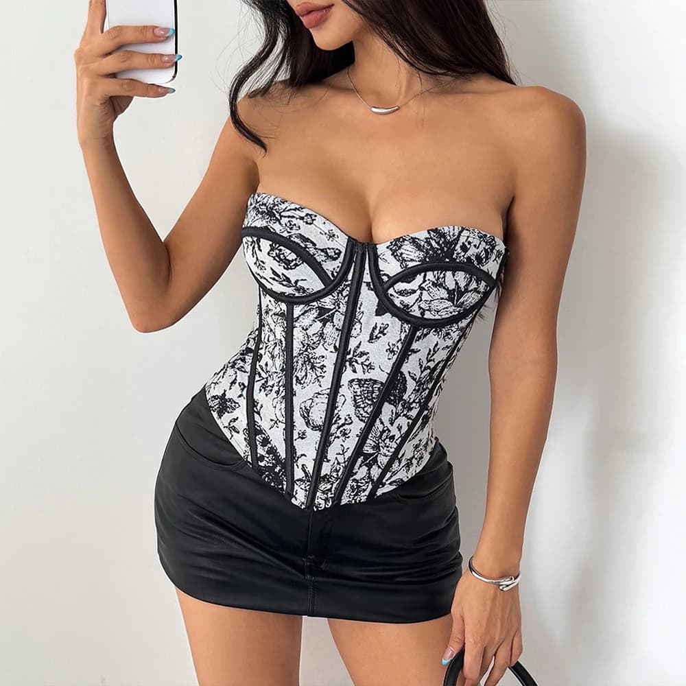 Hauts de lingerie rétro français, Corset à nouer à la taille, Corset imprimé sans bretelles pour fem
