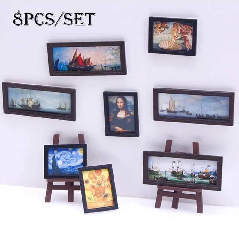 8 pièces/ensemble 1:12 Miniatures de tableaux à l'huile vintage, photos murales, décorations de scèn