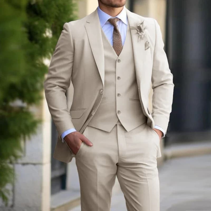 Costume Beige pour hommes, Tuxedos d'affaires, ensemble formel 3 pièces, veste, gilet, pantalon, sim