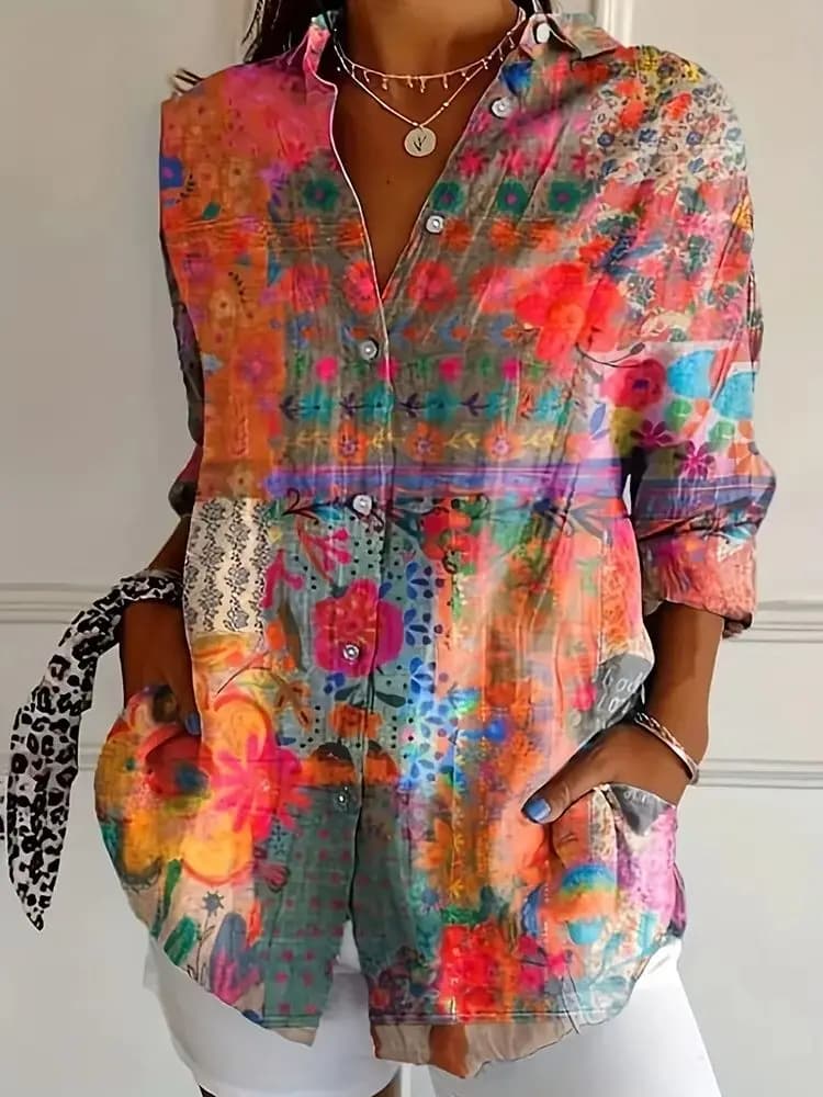 Cette chemise à manches longues de style bohème rétro avec motifs floraux colorés est tendance, poly