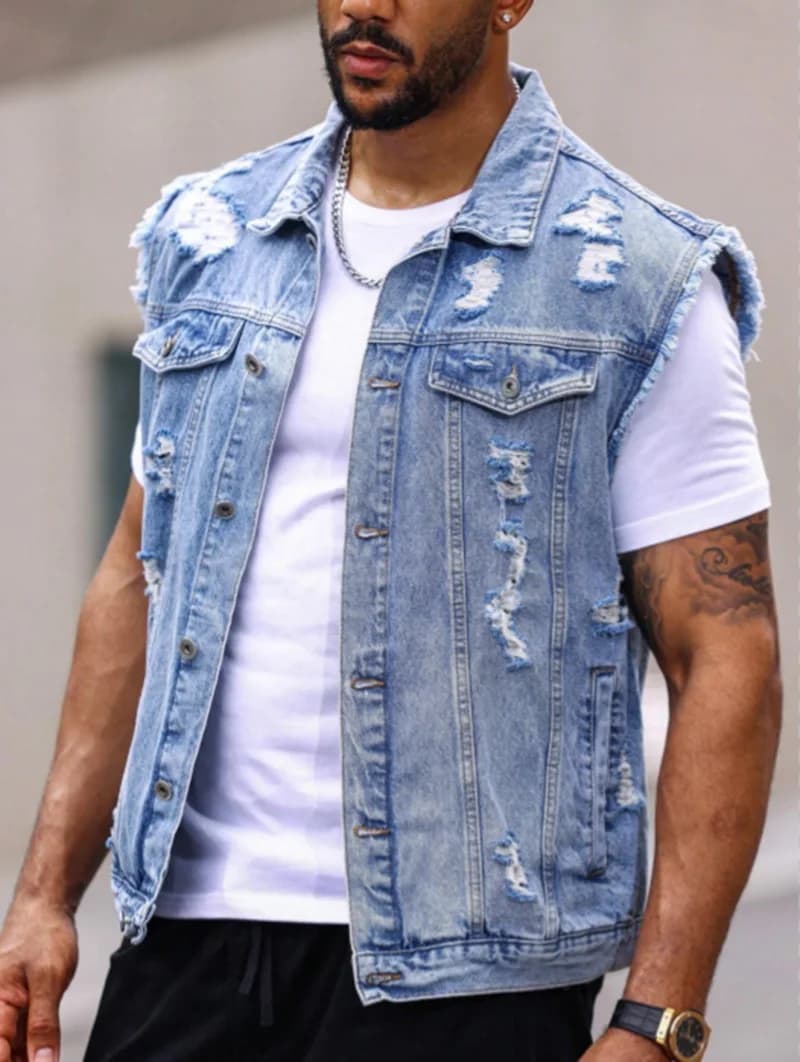 Gilet en jean déchiré pour homme, coupe ample, veste sans manches en jean délavé avec bords effiloch