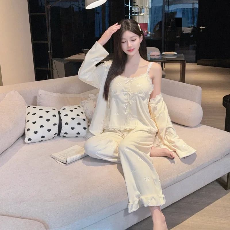 Pyjama 3 pièces en dentelle pour femmes, manches longues, pantalon Long, ensemble de vêtements de ma