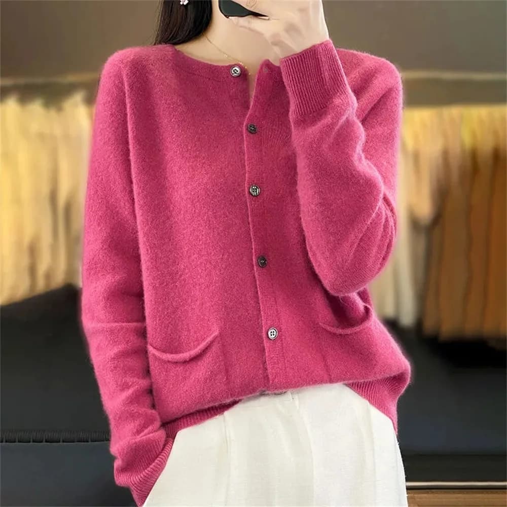 Cardigans en laine mérinos pour femmes, pull en cachemire, col rond, manches longues, tricot, vêteme