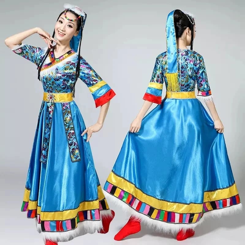 Yangko-Robe de danse tibétaine carrée pour femme, vêtements traditionnels pour dames, accessoires de
