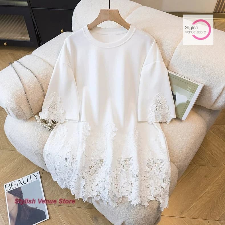 Mode française dentelle couture col rond manches courtes crochet creux T-shirt femmes été nouveau gr