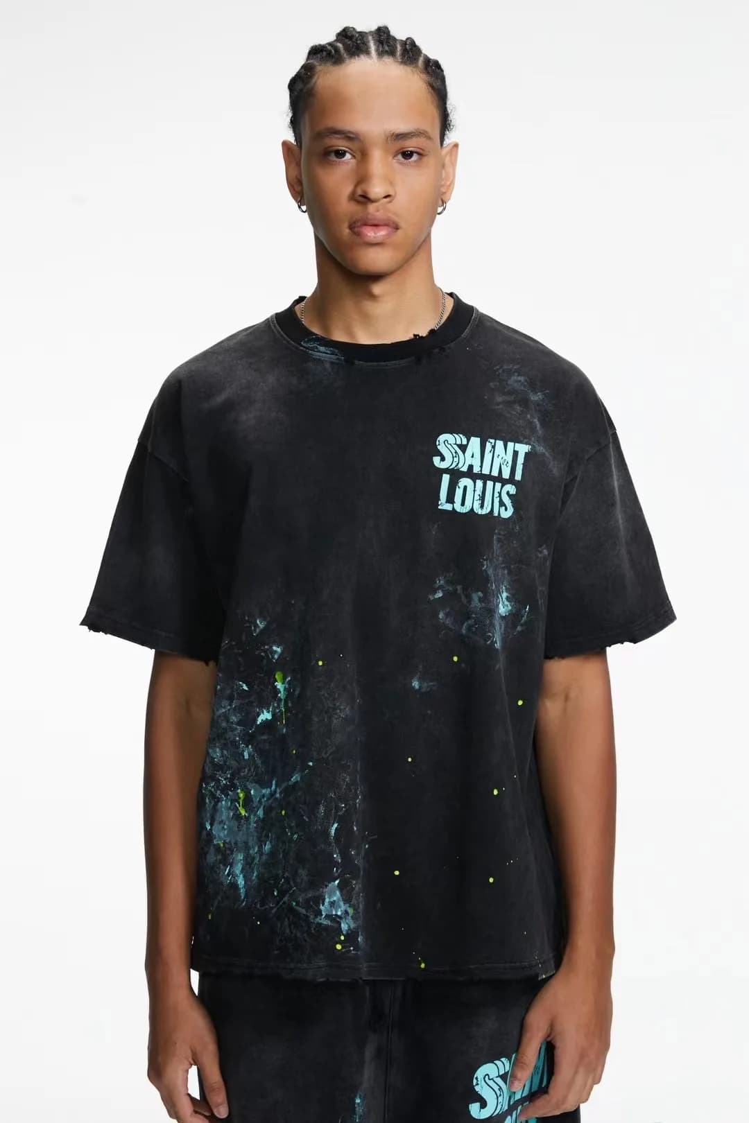 SSSAINT LOUIS fait à la main vieille et sale éclaboussures d'encre pour détruire le logo à manches c