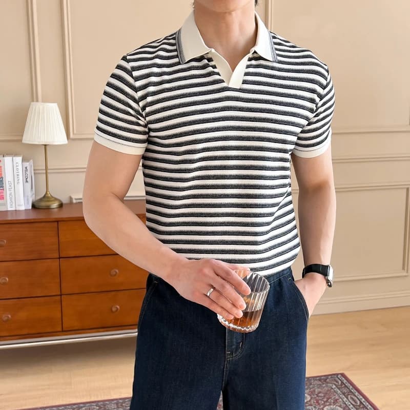 Polo rayé pour homme, T-shirt respirant à manches courtes avec col rabattable, style rétro, coupe dé