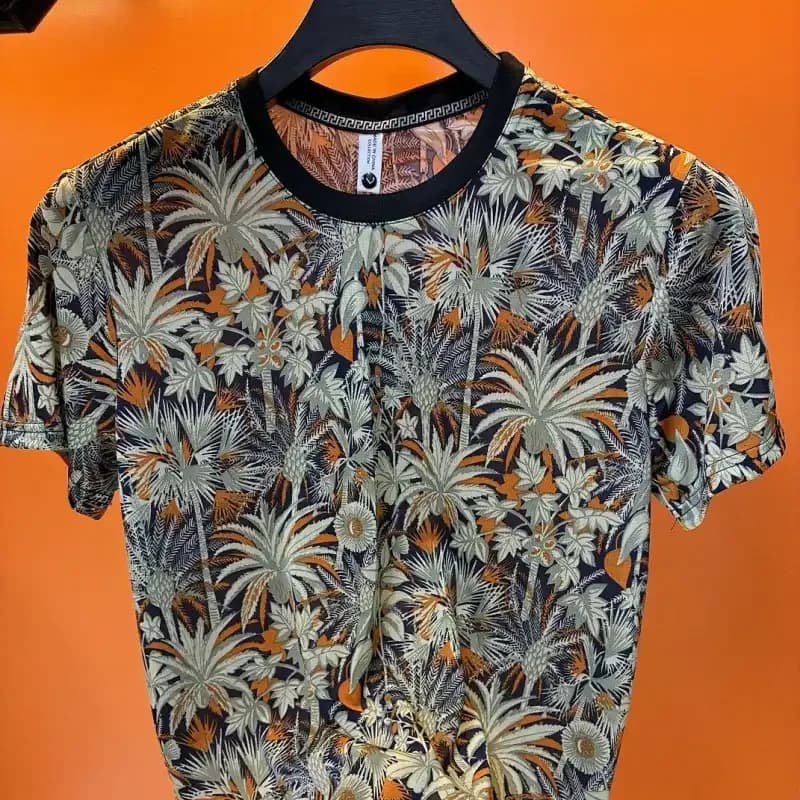 T-shirt pour homme à imprimé palmiers tropicaux, col rond, manches courtes, coupe slim, décontracté,