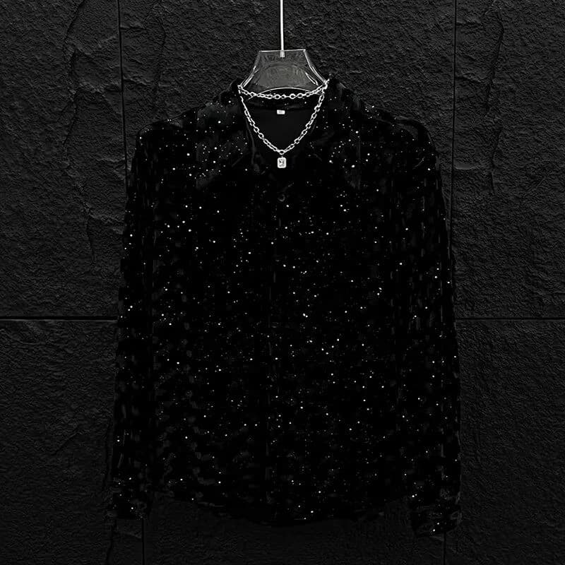 Chemise Homme en Velours Jacquard à Paillettes – Nouvelle Collection Printemps 2026 – Style Américai