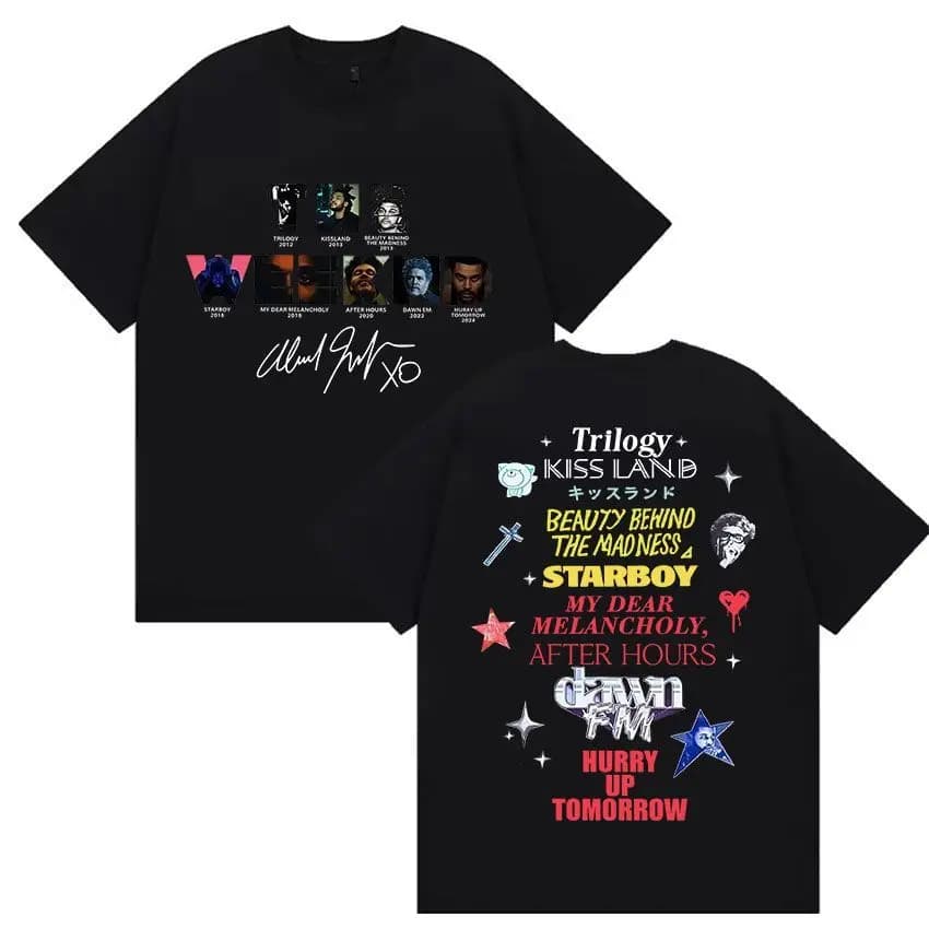T-shirt graphique The Weeknd avec la discographie complète de l'artiste, en coton noir, à manches co