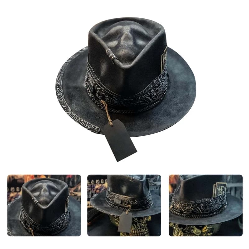 Chapeau de cowboy crâne d'Halloween fait main en feutre, casquette western gothique, couvre-chef cos