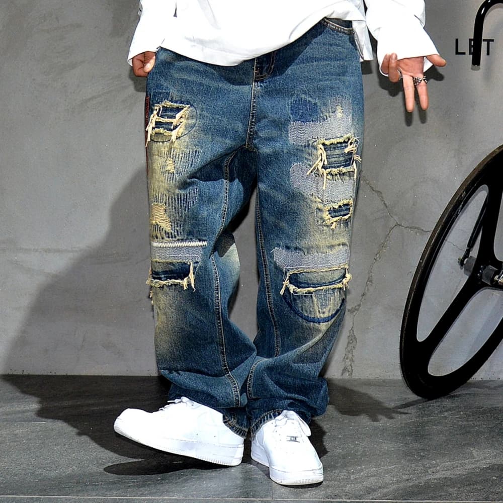 Jean déchiré avec Patch, Streetwear américain, Baggy Hip Hop, vêtements pour hommes, pantalon Cargo