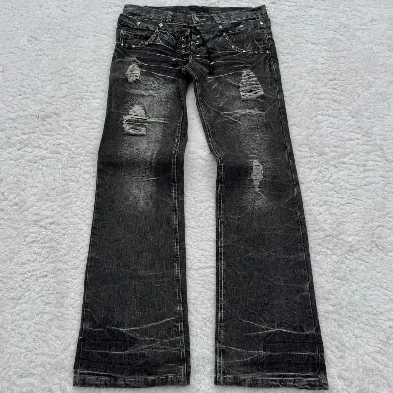 Jeans pour hommes Harajuku Vintage Streetwear, denim délavé et déchiré, pantalon à double taille, mi