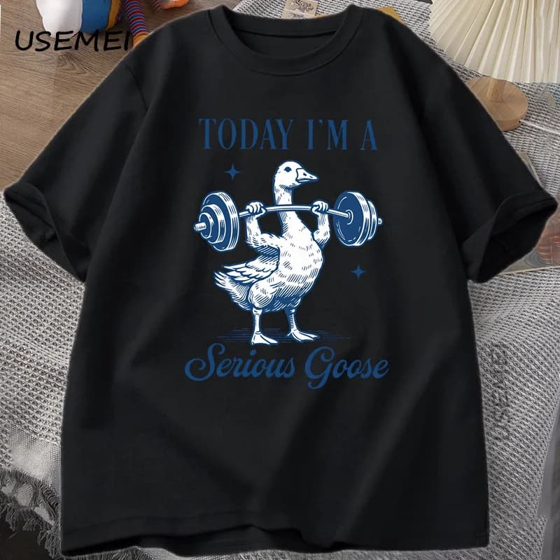 Sérieux oie haltérophilie T-shirt drôle gymnastique entraînement imprimé T-shirt amoureux des animau