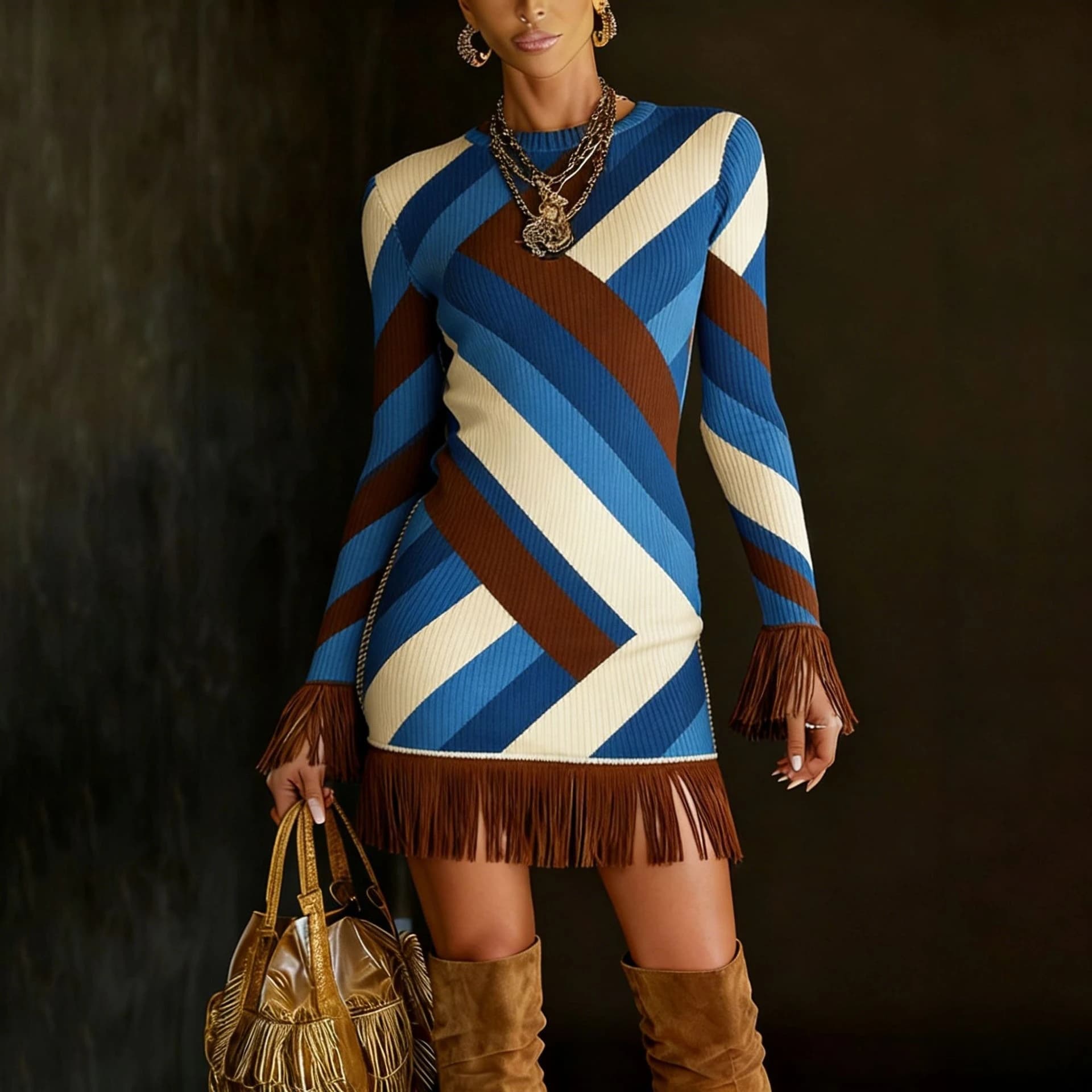 Robe à franges pour femmes, manches longues, moulante, à rayures, avec glands, style Boho Chic, pour
