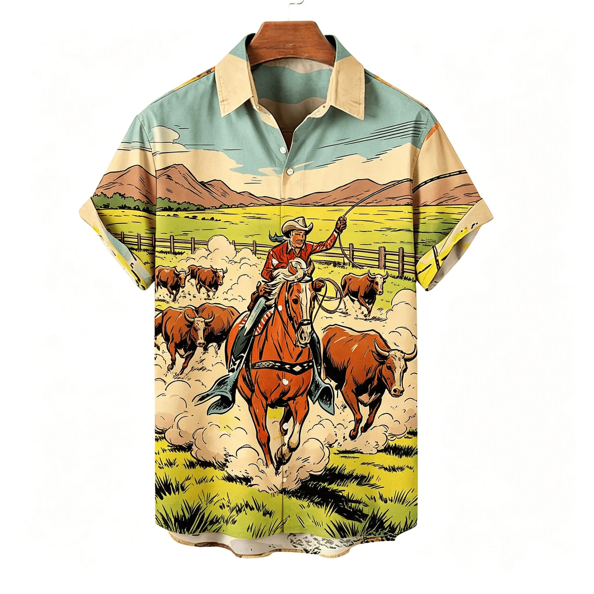 Chemise à manches courtes pour homme, imprimé western cowboy rodeo, style rétro comic, décontractée