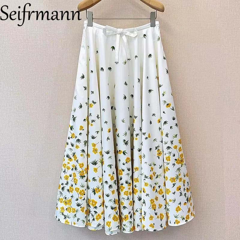 Seifrmann 2026 Nouvelle collection Printemps – Jupe longue en coton imprimé avec nœud à la taille, s