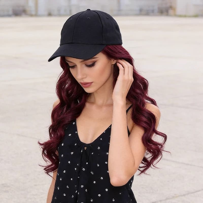 Casquette de cheveux ondulés bordeaux – Fibre synthétique