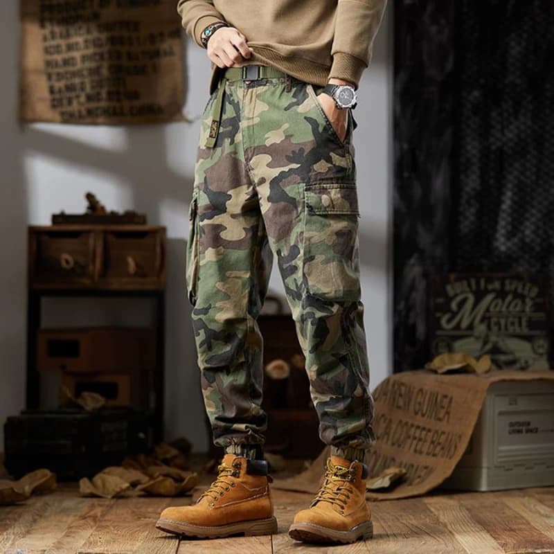 Pantalon cargo ample camouflage multi-poches avec revers pour homme – Jogger décontracté en coton pour le quotidien