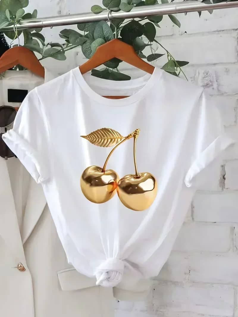T-shirt imprimé motif cerise doré brillant pour hommes et femmes