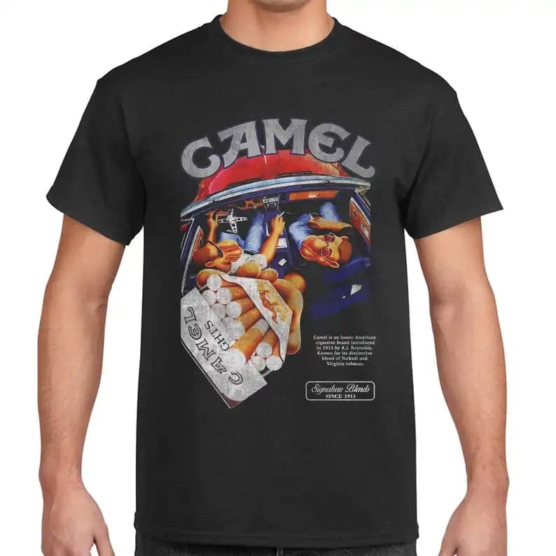 T-shirt Rétro Camel Cigarettes Pleasure to Burn en Coton Vintage à Manches Courtes