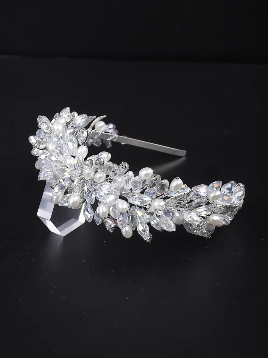 Argent femmes cristal bandeaux perles tête accessoires bandeaux et boucles d'oreilles ensemble feuil