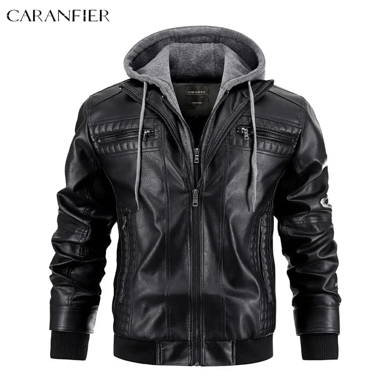 CARANFIER hommes veste en cuir PU mâle Moto Biker à capuche manteaux de luxe vêtements Faux Vintage