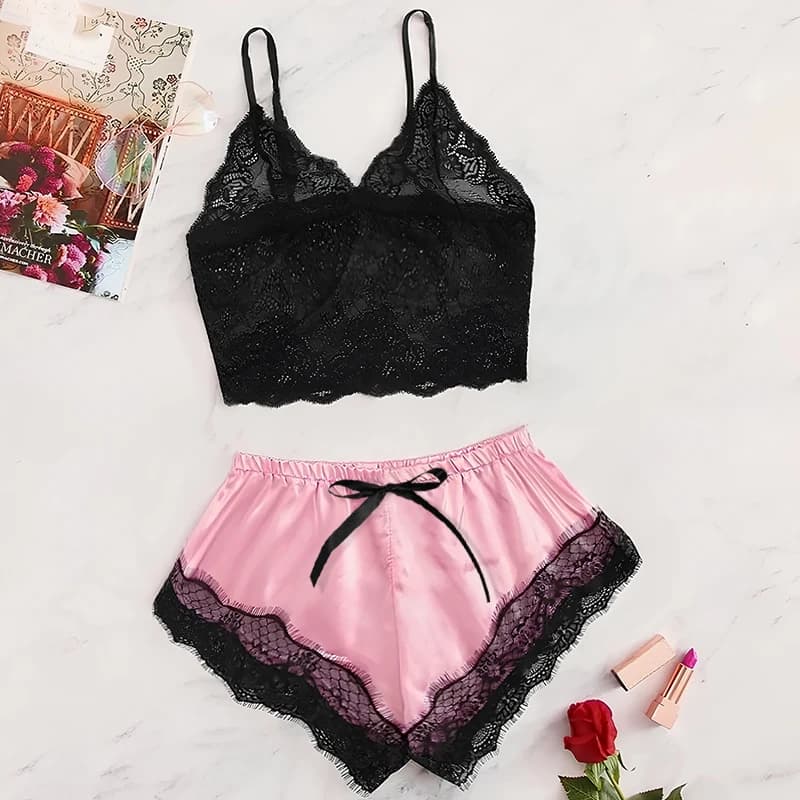 Pyjama Sexy en Dentelle Transparente pour Femme, Noir, Rose, Vêtements Mignons, Confortable, Respira