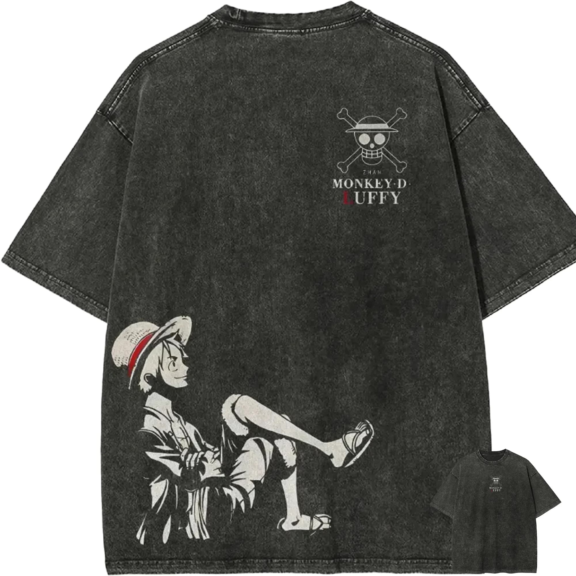 T-shirt Monkey D. Luffy pour homme, One Piece, effet délavé, motif anime, coton, streetwear vintage,