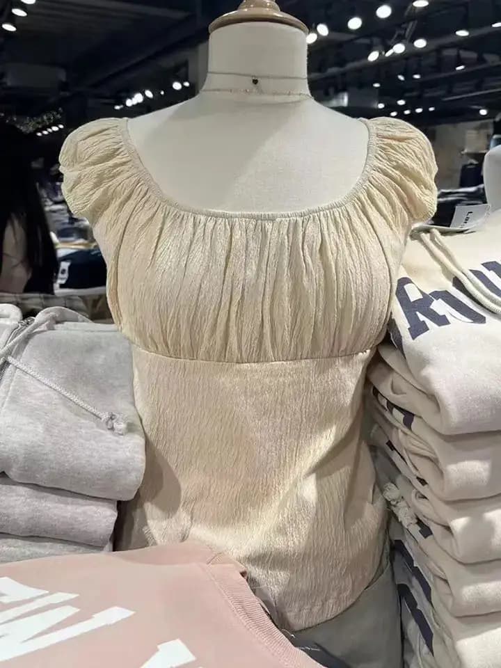 T-shirt rose en maille plissée à manches courtes pour femme, col carré chic, en coton, à volants, co