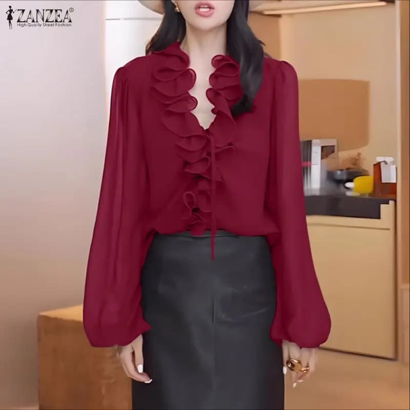ZANZEA – chemisiers élégants à volants pour femmes, détails en dentelle, col en v, manches lanternes